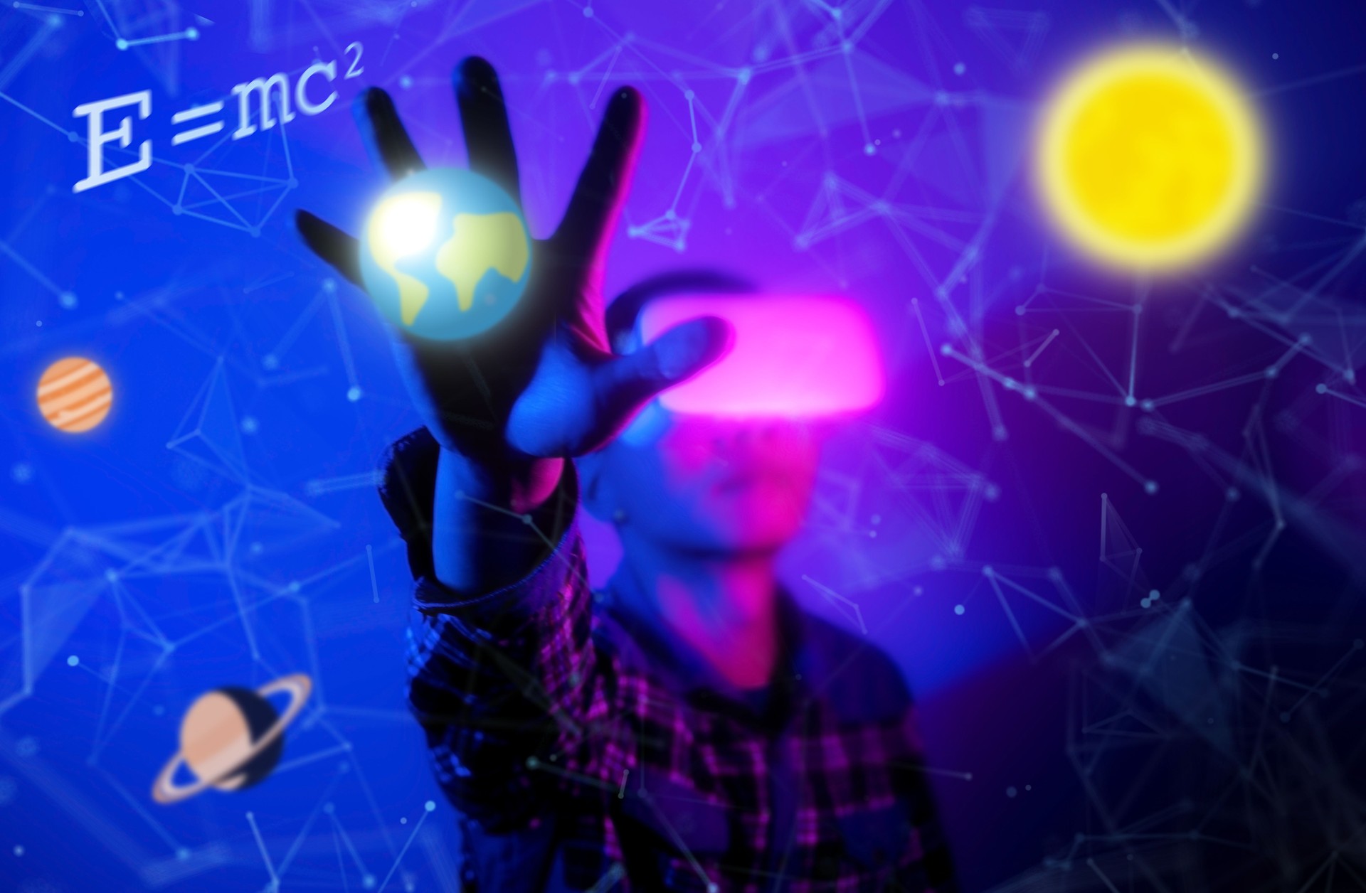 Man wearing VR Virtual Reality Headset, touching the screen, Future technology concept.